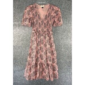 Universal Thread XS Floral Puff Short Sleeve V-Neck MIDI Dress Pink Boho